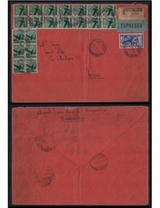 ITALY 1951 Registered mail franked with 20v 8£ democratic + 20£ work