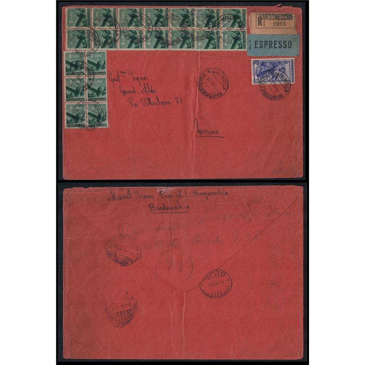 ITALIA 1951 Raccomandata affrancata con 20v 8£ democratica + 20£ lavoro