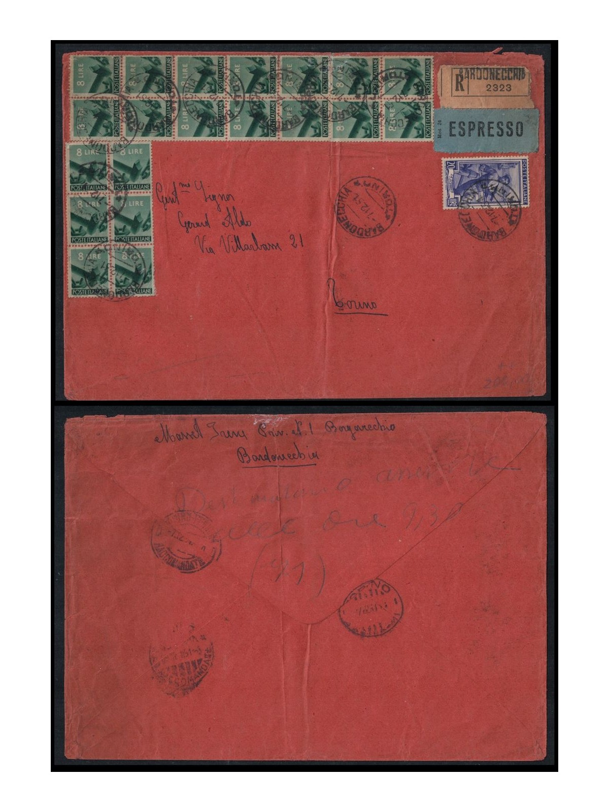 ITALY 1951 Registered mail franked with 20v 8£ democratic + 20£ work