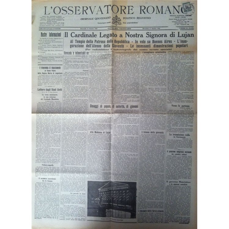 VATICANO 1934 Copia Osservatore Romano affrancata con 12,50 c. giardini
