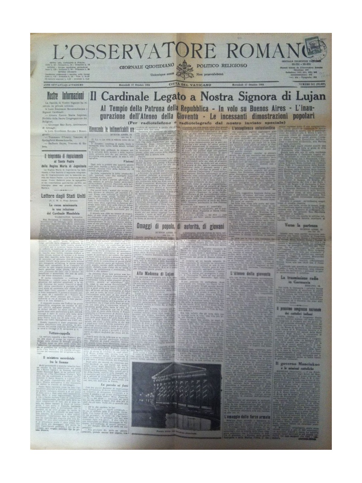 VATICAN 1934 Copy of the Osservatore Romano stamped with 12.50 cents of gardens