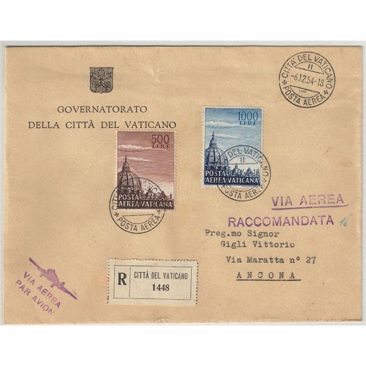 VATICAN 1953 Dome of St. Peter's Basilica - Registered Airmail