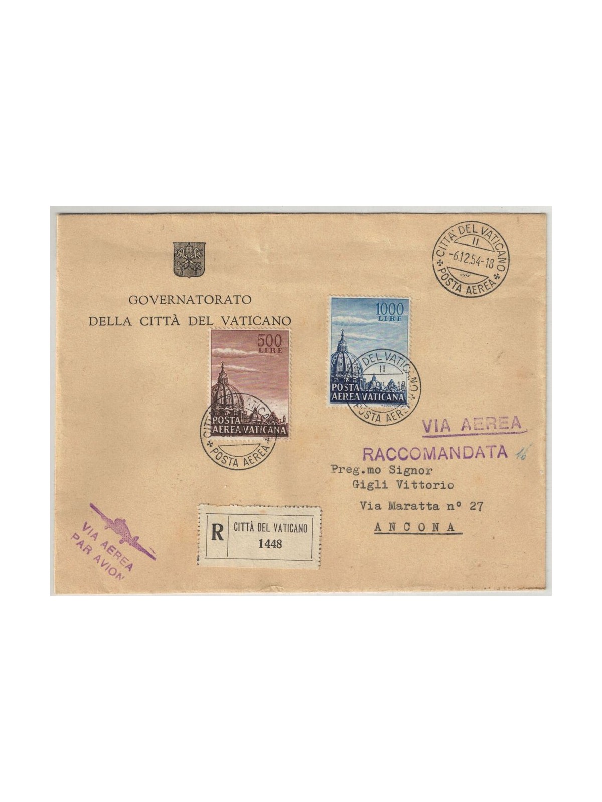 VATICAN 1953 Dome of St. Peter's Basilica - Registered Airmail