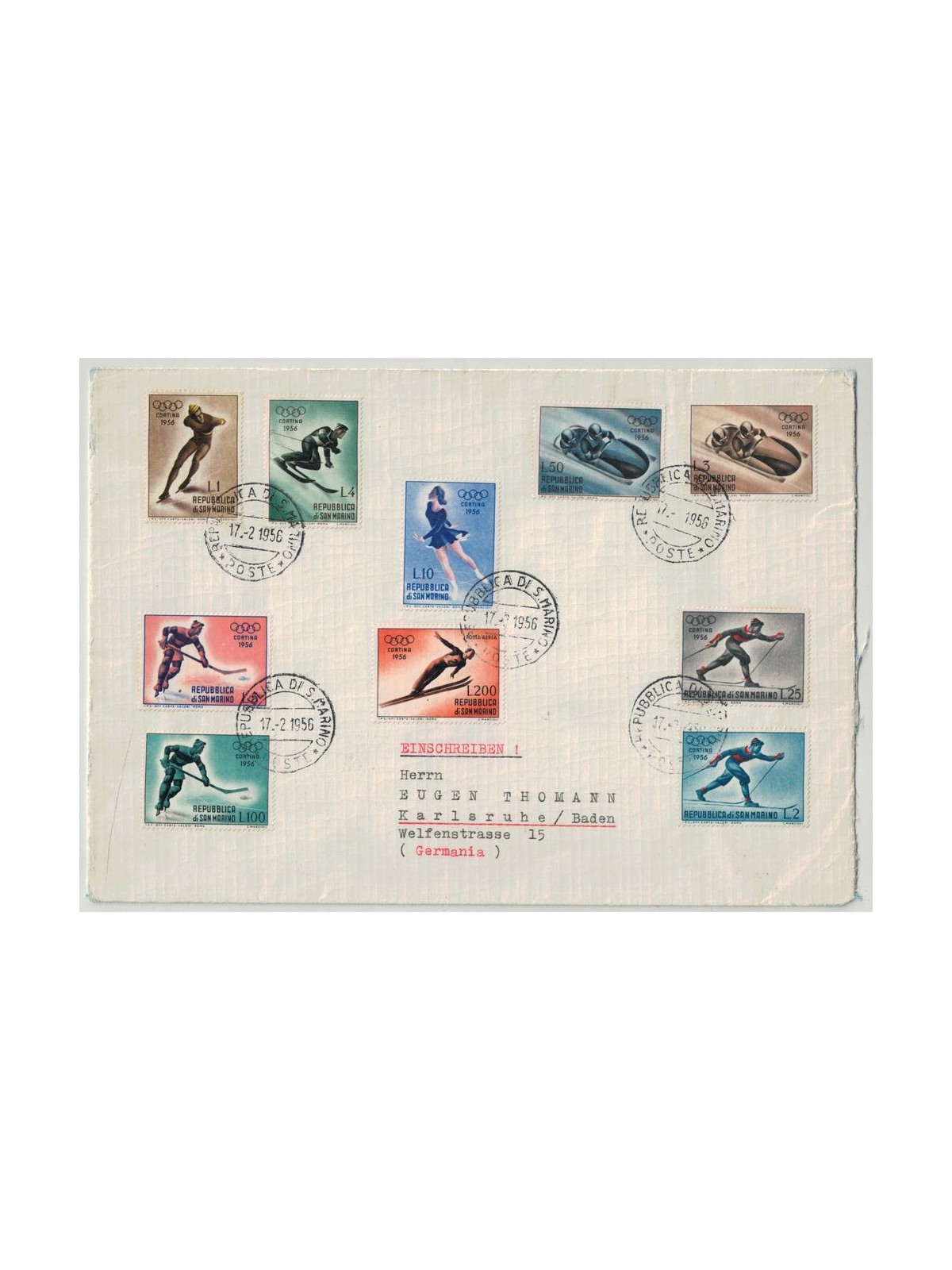 SAN MARINO 1956 Letter to Karlsruhe stamped with the Olympics series