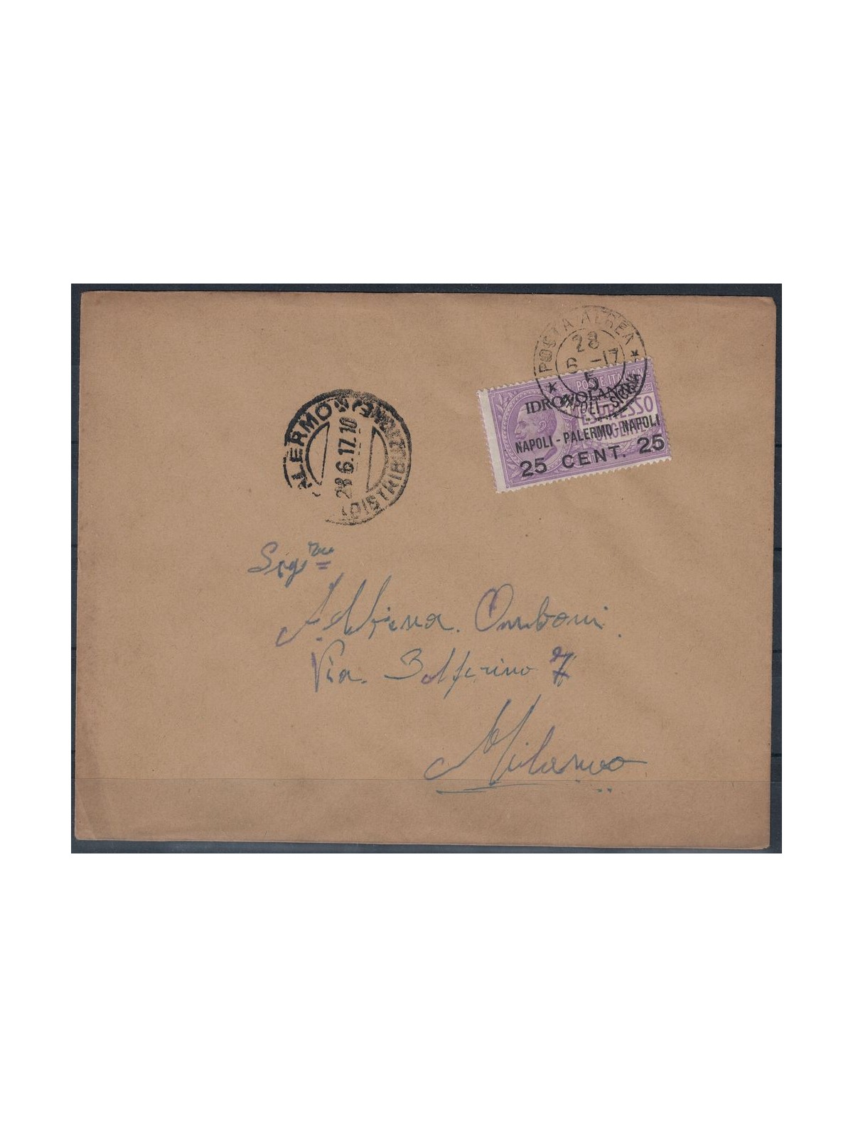 ITALIA REGNO 1917 1° Volo Napoli-Palermo-Napoli del 28-06-1917