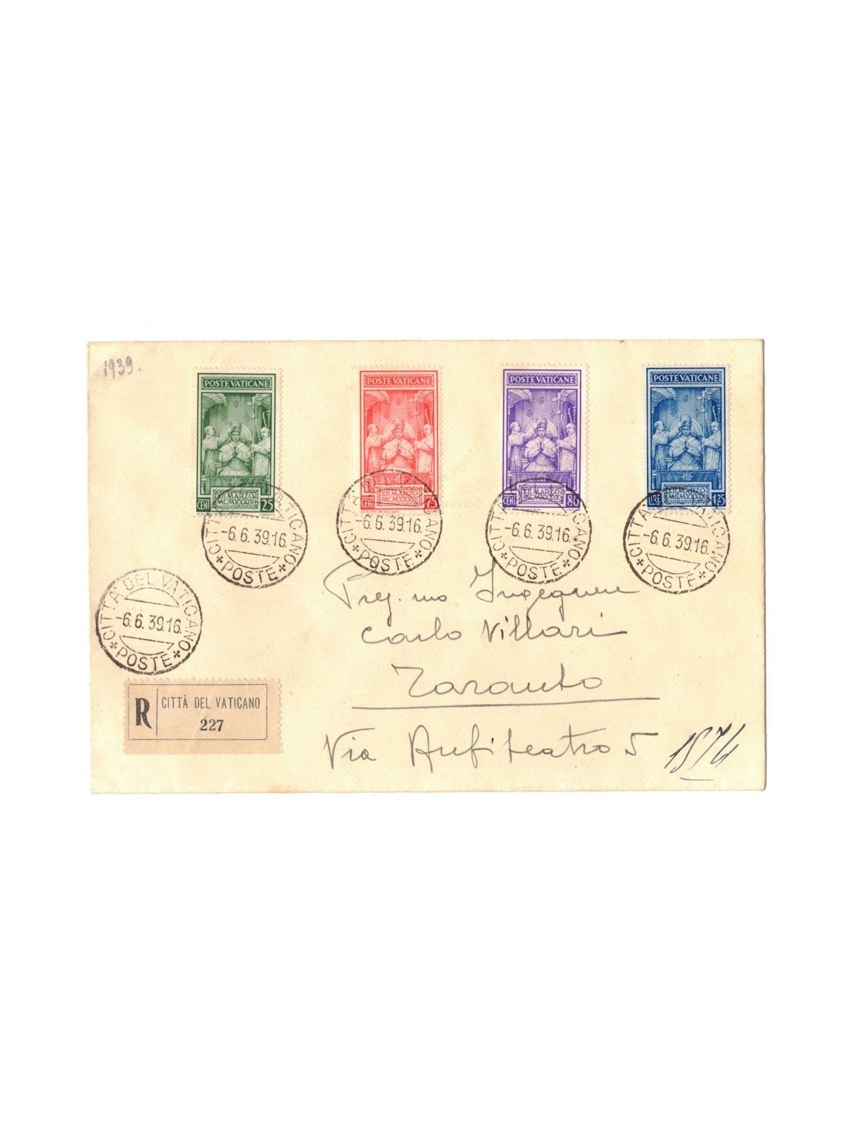 VATICAN 1939 Registered letter for Italy (Coronation of Pius XII)